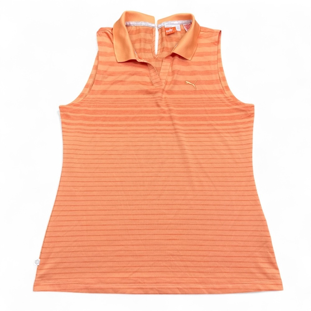 PUMA Tennis Golf Polo Top Womens Size Medium Orange Stripe Sleeveless Athleisure